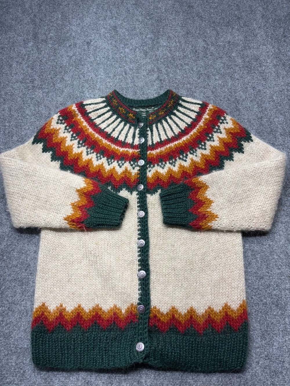 Vintage Iceland Sweaters? Cardigan Pure Wool Knit Folk Nordic Fair Isle Button M